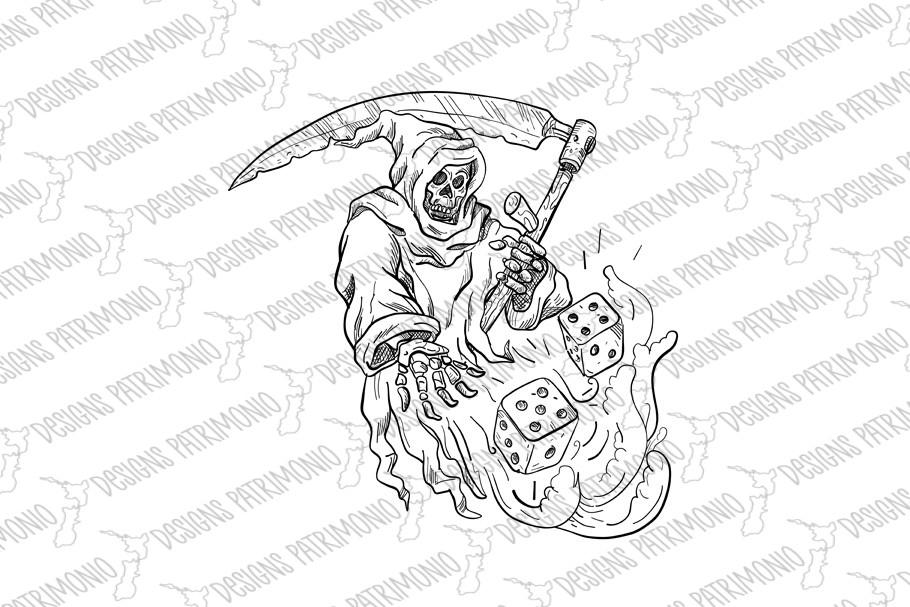 The Grim Reaper Rolling the Dice Drawing Black and Whi - patrimonio