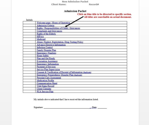 Personal Assistance Services Admission Packet (Download)