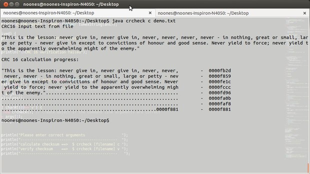 CRC code with command line arguments in Java, Checking correctness and verfication