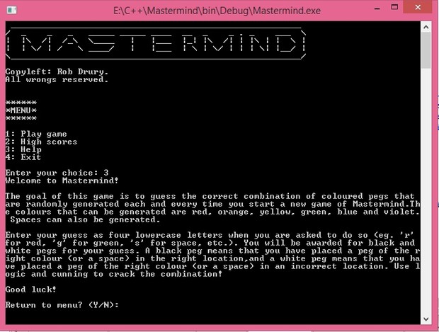 2015 Fall Computer Science I Program #3: Mastermind