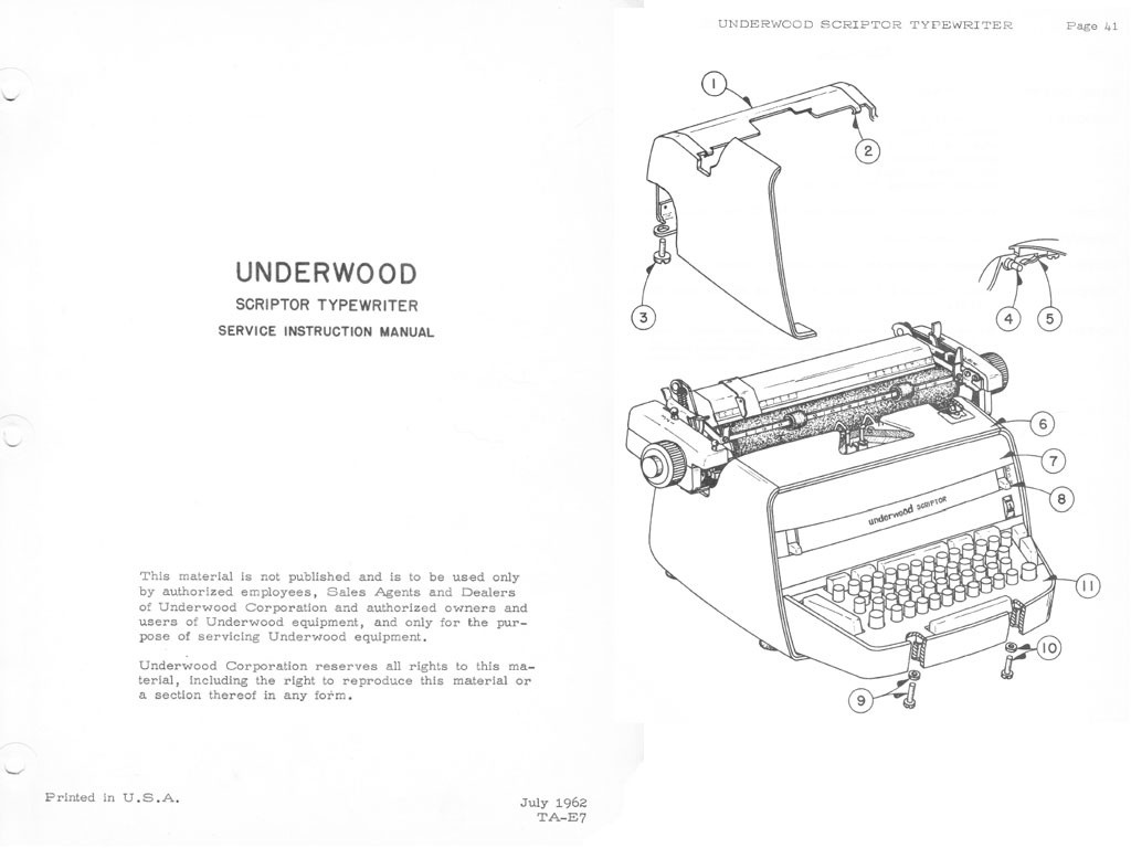 Underwood Scriptor Electric Typewriter Service Manual TWDB Operation