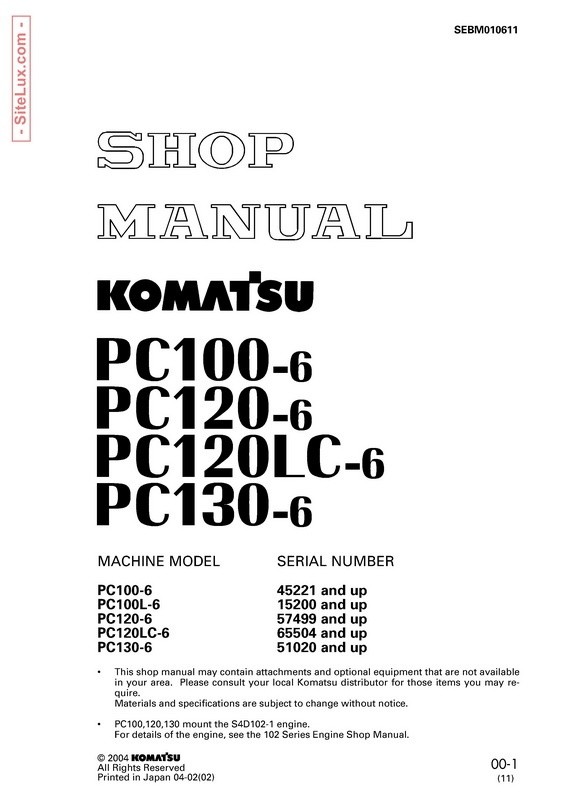 Komatsu PC100L-6, PC100L-6, PC120-6, PC120LC-6, PC130-6 Hydraulic Excavator Shop Manual - SEBM010611
