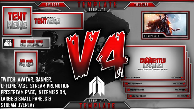 Ultimate Customizable Twitch Live Stream Template Pack V4 - Photoshop Template