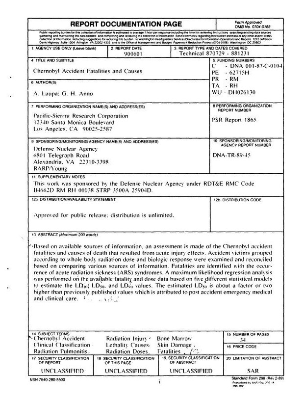 Chernobyl Nuclear Power Plant Accident CIA, Dept of Defense, Dept of Energy, Congressional Files
