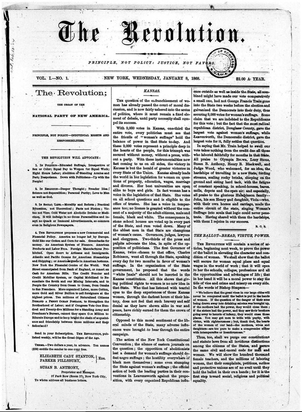 Susan B. Anthony Suffrage/Women's Rights Newspaper: The Revolution (1868-1872) - Download