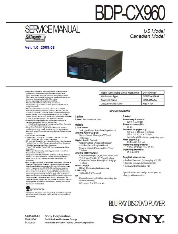 Sony BDP CX960 Multi Disc Blu Ray Player original Service Manual & Repair Instructions