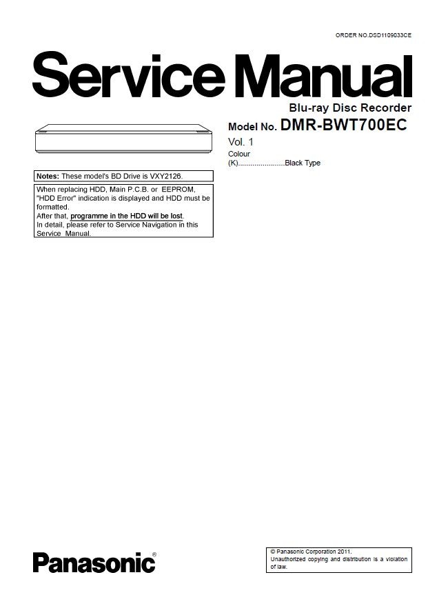 Panasonic DMR BWT700 BWT700EC Blu Ray Recorder Service serviceandrepair