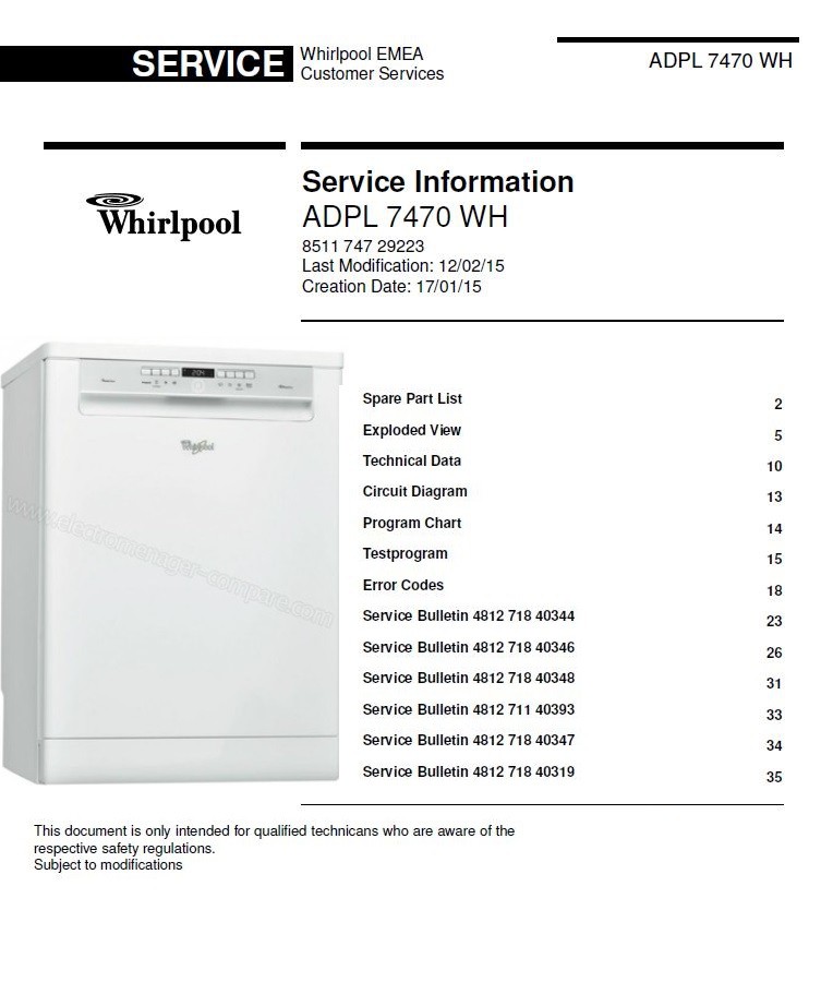 Whirlpool ADPL 7470 WH Dishwasher Service Manual serviceandrepair
