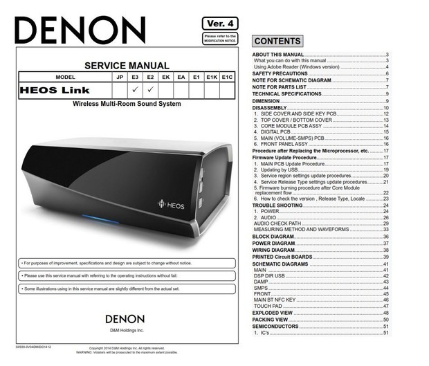 Denon HEOS Link Wireless Pre Amplifier Service Manual and Repair Guide