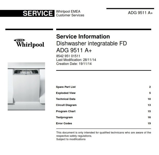Whirlpool ADG 9511 A+ Dishwasher original Service Information Manual