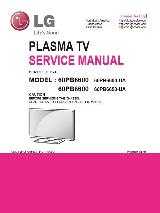 LG 60PB6600 UA Smart Plasma TV original Service Manual and Troubleshooting Guide