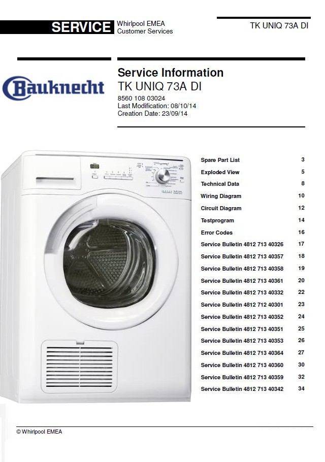 Bauknecht TK UNIQ 73A Di Dryer Service Manual and Tech - serviceandrepair