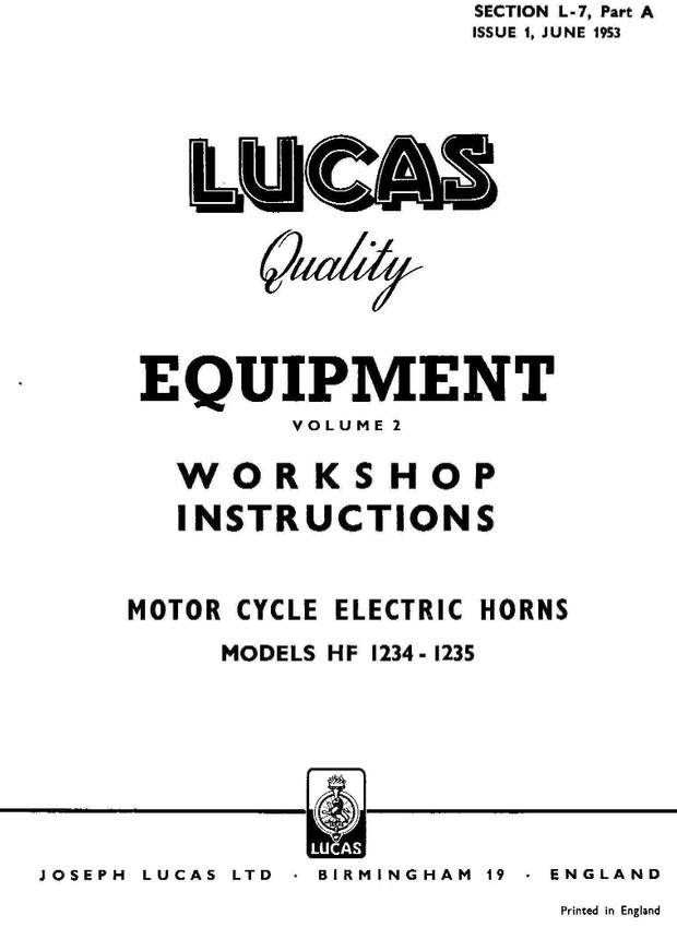 Lucas Electrical Motorcycle Workshop Instructions 1952 - 1961