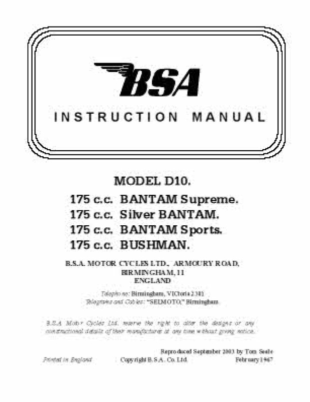 BSA Bantam Manuals Archive