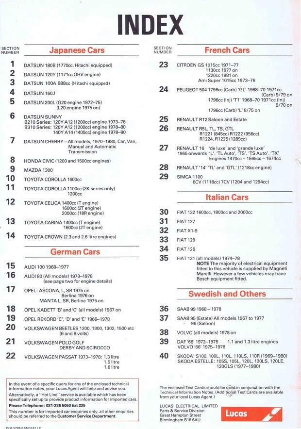 Lucas Electrical Technical information for Imported Cars