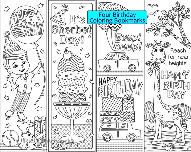 4 Birthday Coloring Bookmarks