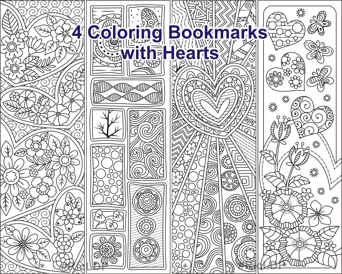 four coloring bookmarks with heart zentangles ricldp artworks