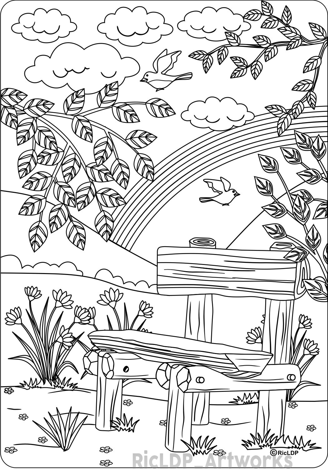 The Bench Coloring Page for Adults - RicLDP Artworks