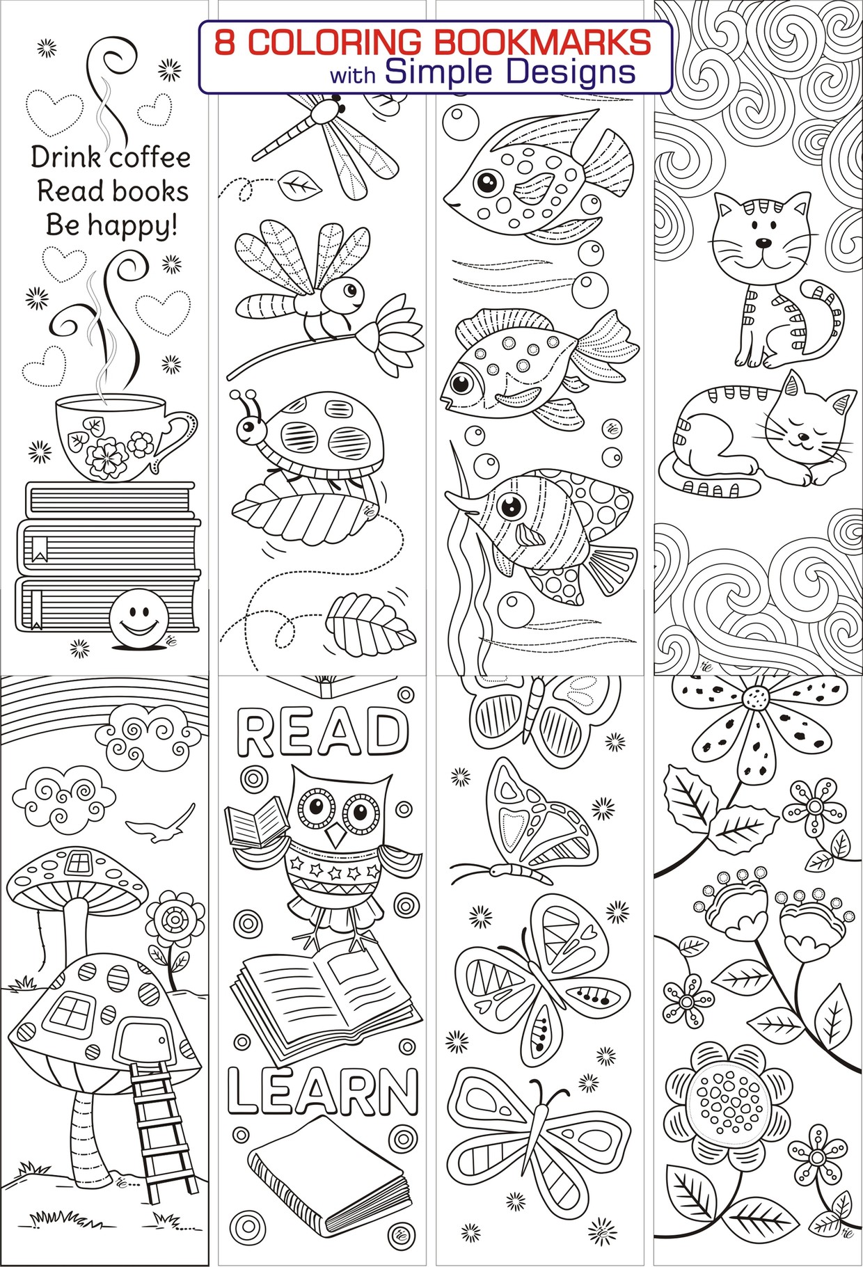 8 Simple Designs Coloring Bookmarks - RicLDP ArtworksTwitterPinterest