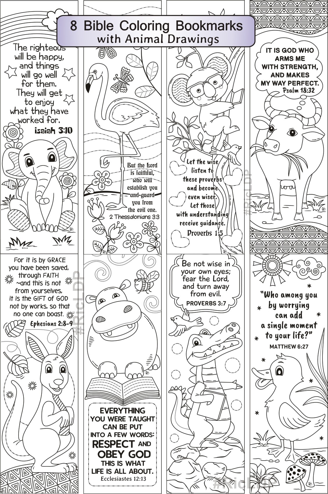 Bible Coloring Bookmarks with Animal Drawings - RicLDP Artworks