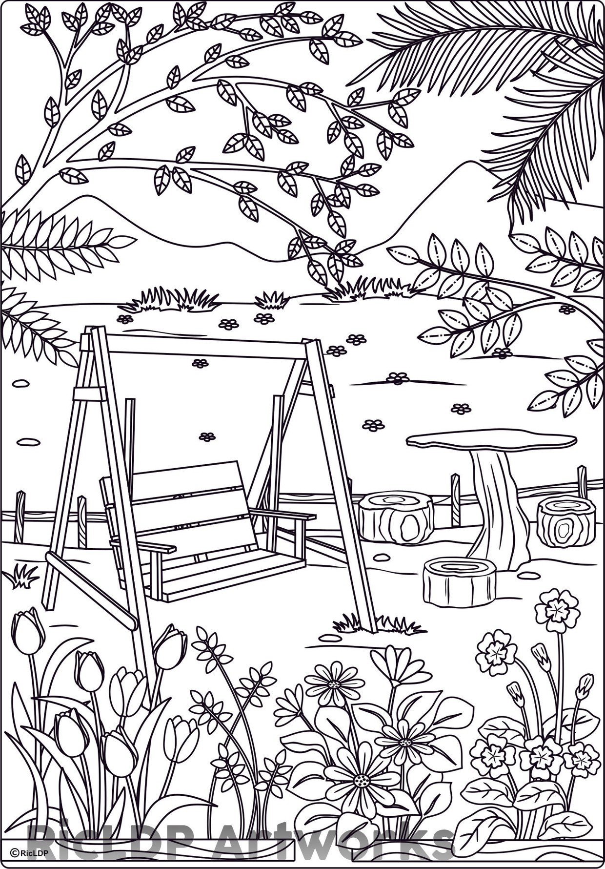 At the Park Coloring Page for Adults RicLDP Artworks