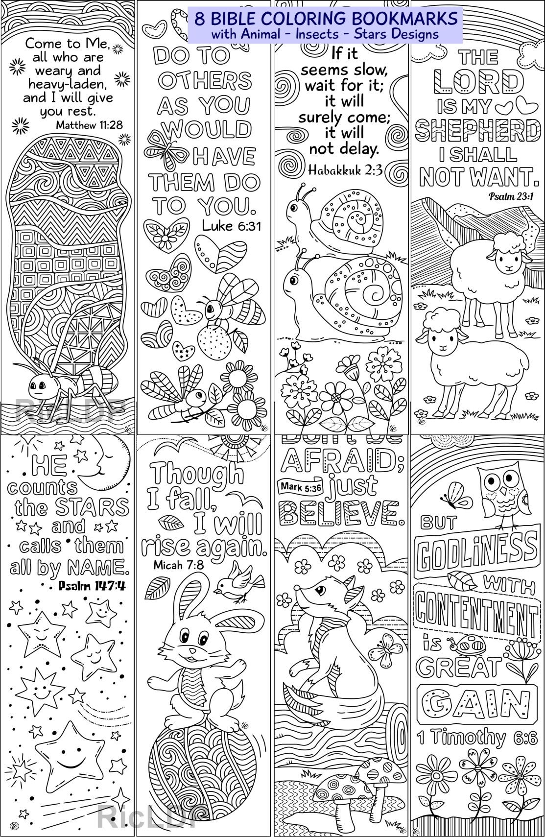 8 Bible Verse Coloring Bookmarks - RicLDP Artworks