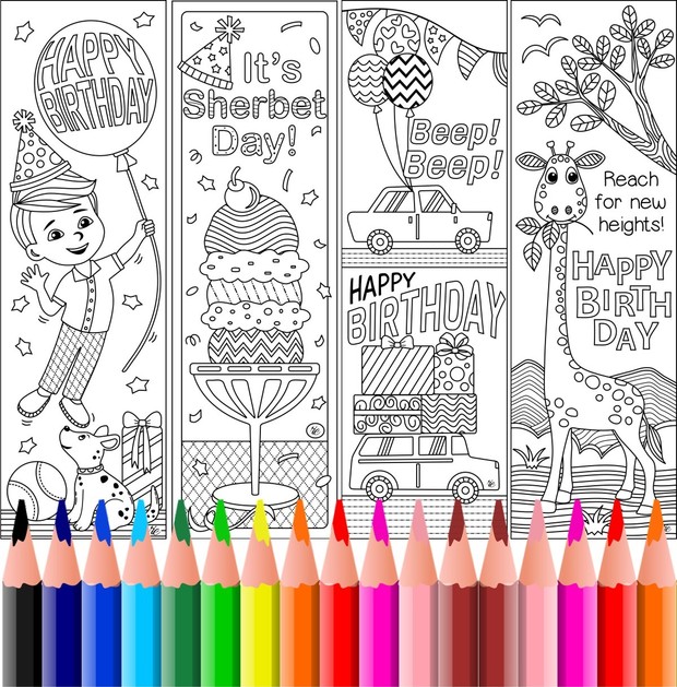 4 Birthday Coloring Bookmarks