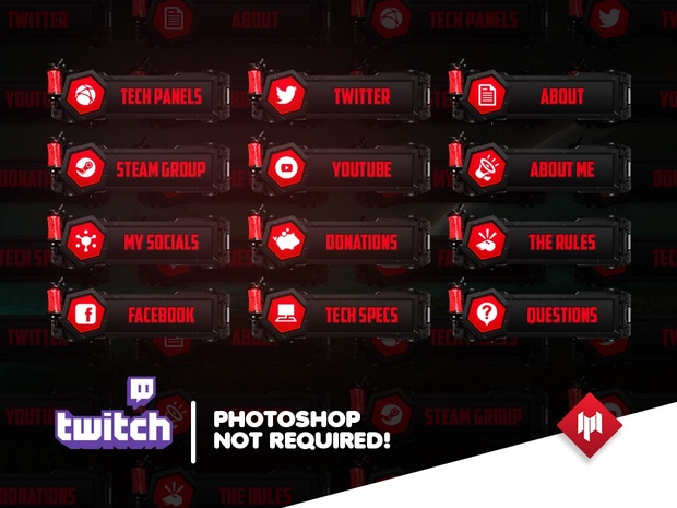 Twitch Panels | Tech Metal (x16) - RED