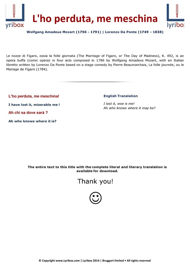 Sheet Music - L’ho perduta me meschina – W. A. Mozart – Le Nozze di Figaro