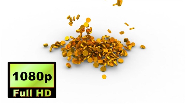 00030_Gold coins falling to white ground 3D animation