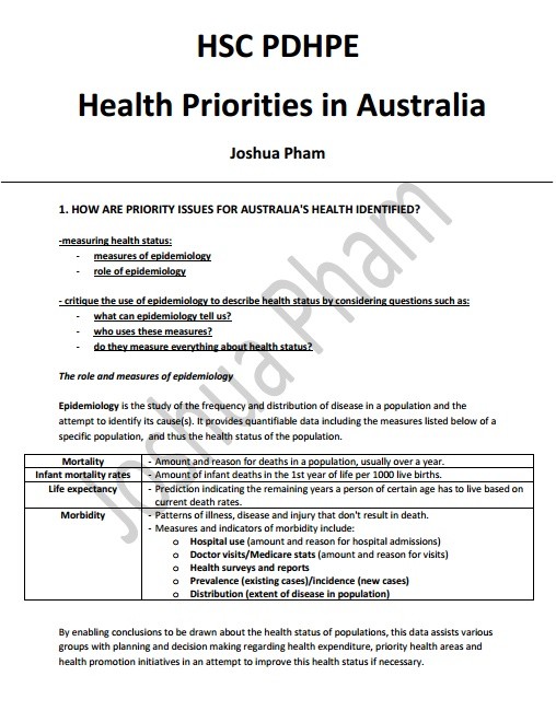 Core 1: Health Priorities in Australia Notes