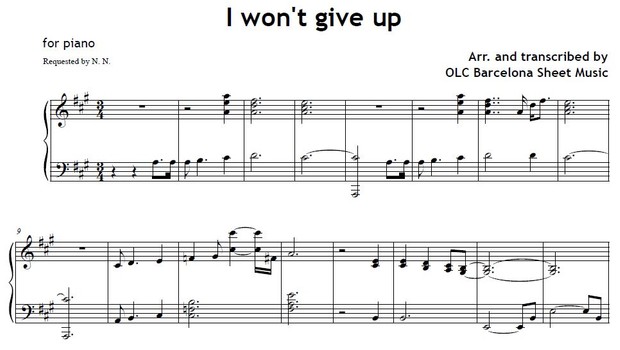 I won't give up (Jason Mraz) - piano sheet music