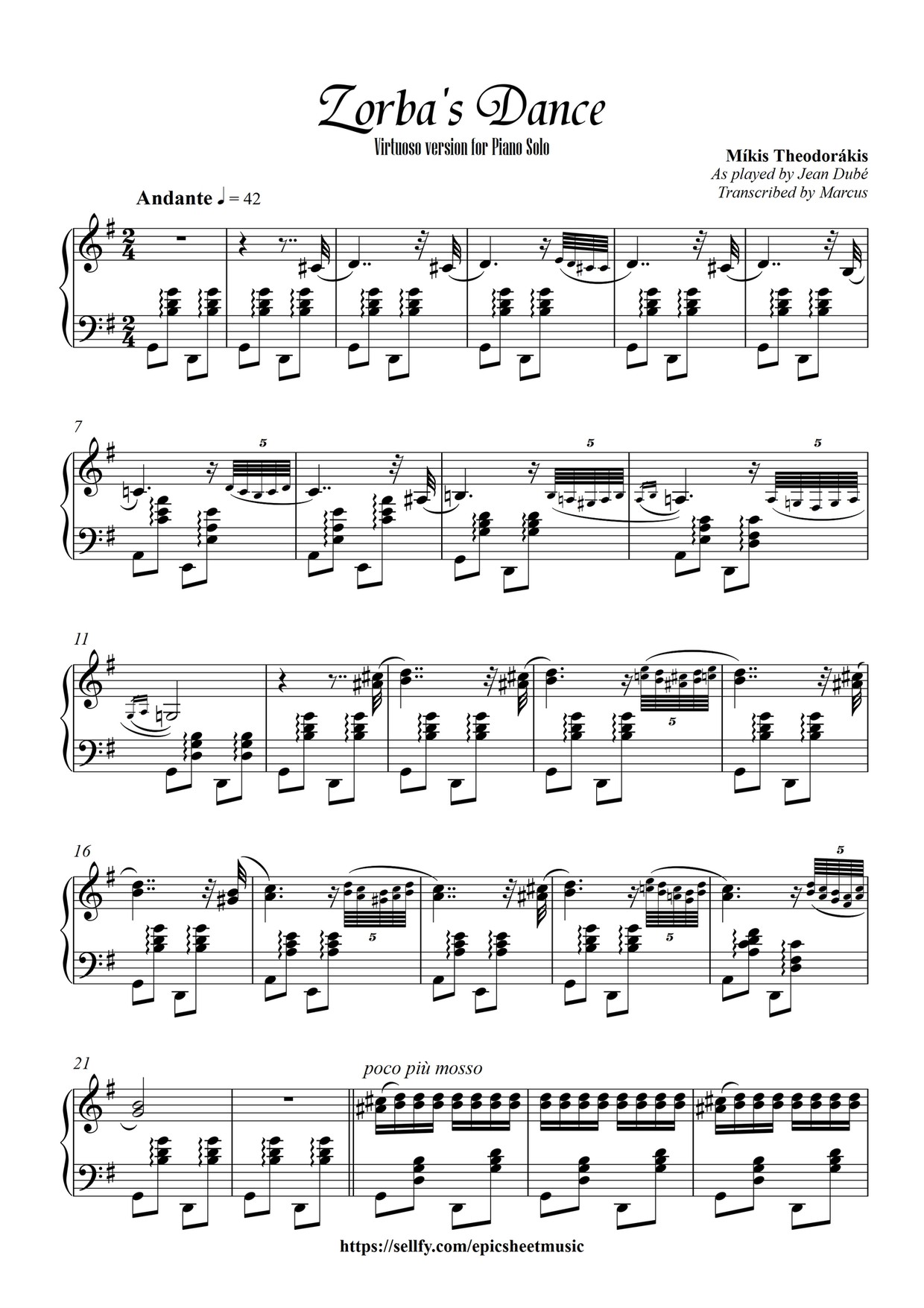 Zorba The Greek Virtuoso Piano Solo Marcus Piano Sheet Music