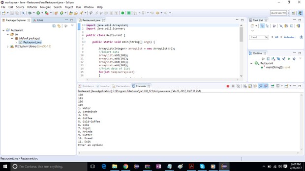 console program that simulates a section of a restaur
