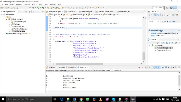 add a drink, compute their total price, search a drink, list drinks, quit, display menu to a user.