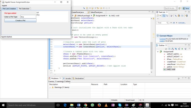 The Assignment 6 class creates a Tabbed Pane with two tabs, one for Pet creation ..