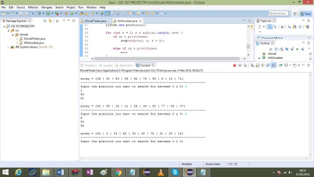 CIS 181: Object-Oriented Programming II Finding the K-th Smallest Item in an Array