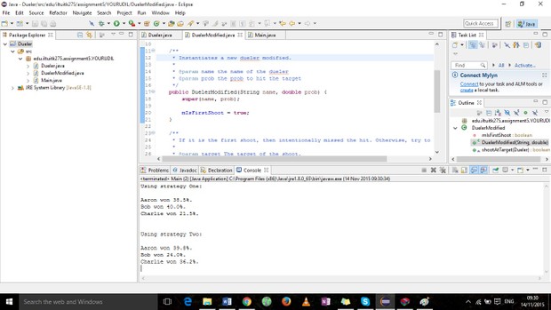 Write a Java application to simulate the duel using this strategy.