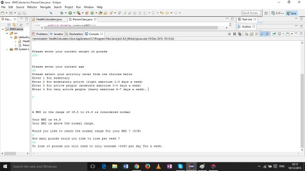 Java program to compute the person's BMI and calories (men/women )