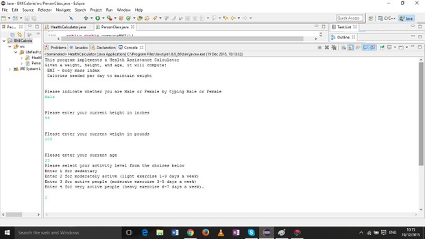 Java program to compute the person's BMI and calories (men/women )
