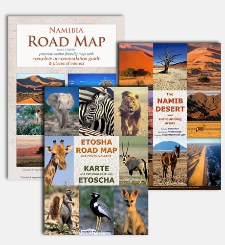 Set of 3 Namibia Maps: Namibia Road Map, Etosha Road Map & Namib Desert Road Map