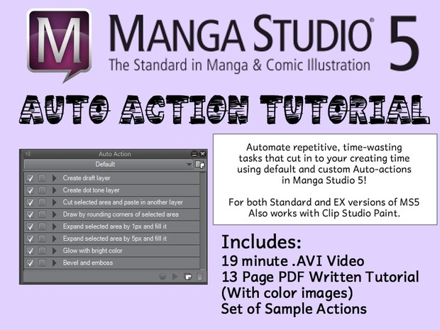 Manga Studio/Clip Studio Paint Auto Actions Tutorial with Video, PDF, examples
