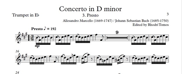 Marcello / Bach BWV974 Concerto In D Minor. Accompaniment Mp3 & Pdf Trumpet Solo Sheet Music.