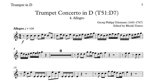 Telemann TWV51:D7 Trumpet Concerto In D Play Along Mp3 & Solo Sheet Music