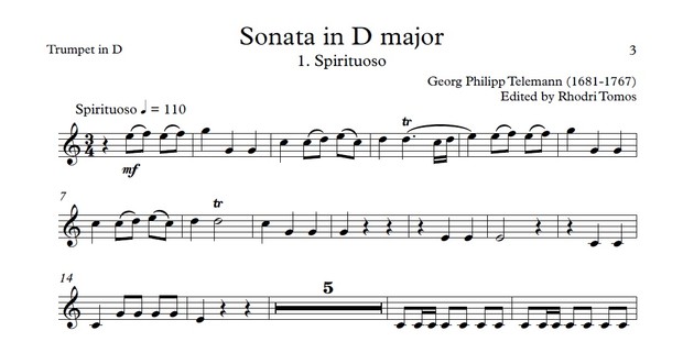 Telemann TWV44:1 Sonata In D Major. Trumpet play along.