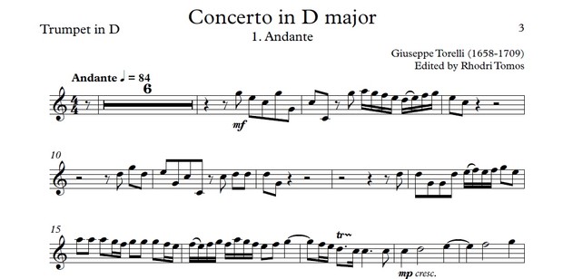 Torelli Trumpet Concerto in D 'Estienne Roger 188' trumpet solo sheet music and mp3 accompaniment