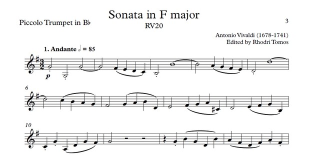 Vivaldi RV20 Sonata in F major. Sheet music with play along accompaniment for violin or trumpets.