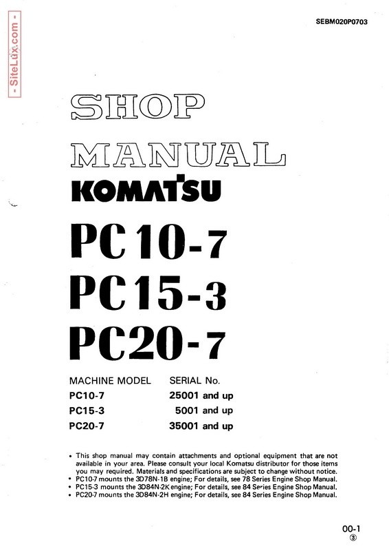 Komatsu PC10-7, PC15-3, PC20-7 Hydraulic Excavator Shop Manual - SEBM020P0703