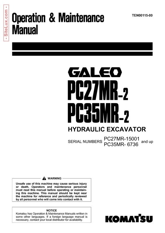 Komatsu PC27MR-2, PC35MR-2 Galeo Hydraulic Excavator OM Manual - TEN00115-00