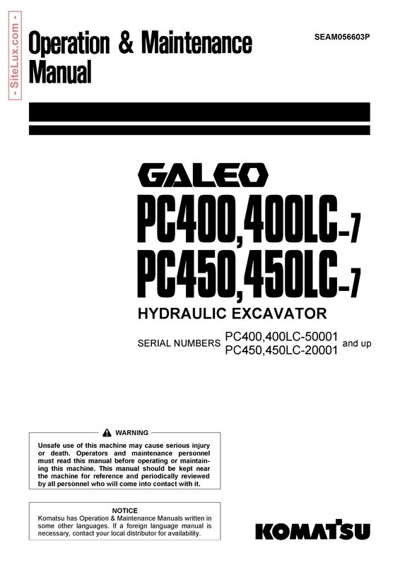 Komatsu PC400,400LC,450,450LC-7 Galeo Hydraulic Excavator OM Manual - SEAM056603P